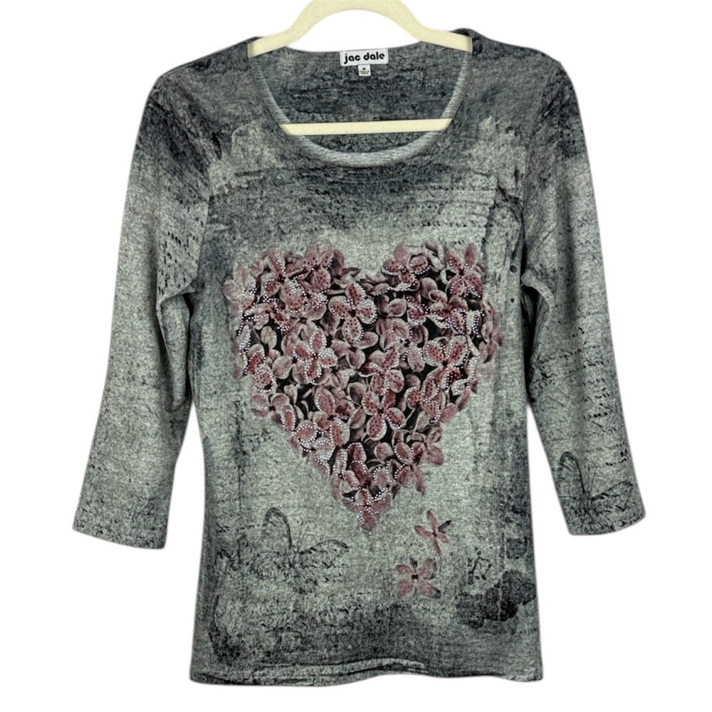 Jac Dale Gray Pink Casual Butterfly Floral Heart Graphic 3/4 Sleeve Medium Top